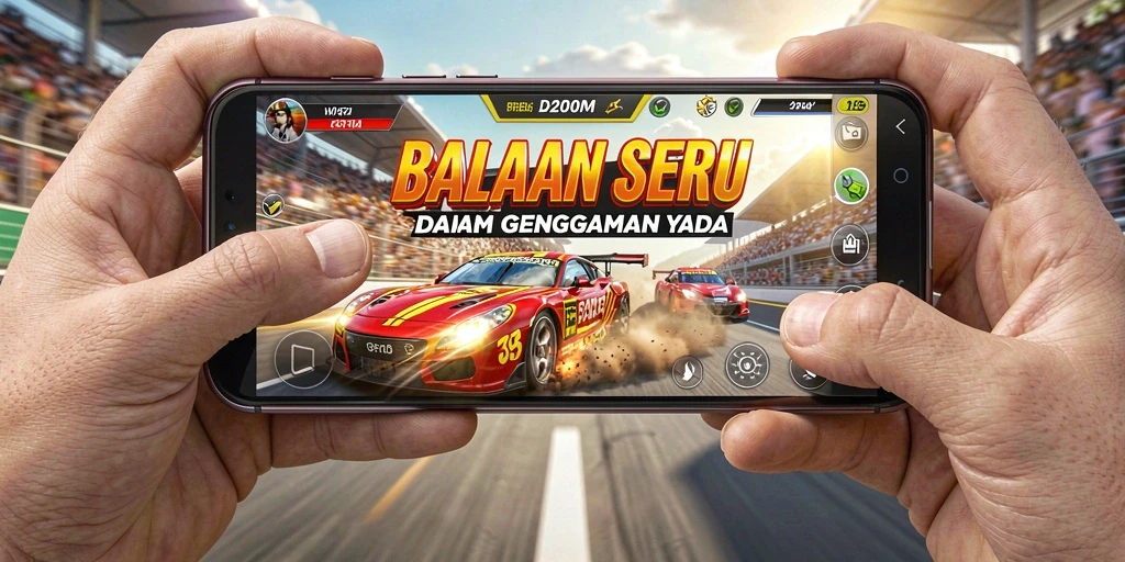 Screenshot gameplay D200M menunjukkan balapan mendebarkan di lintasan yang menantang.