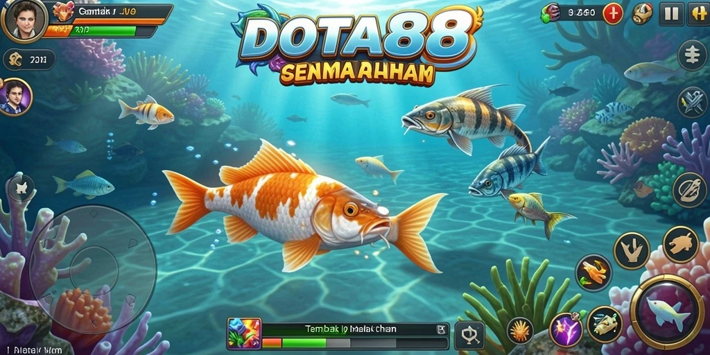 Tampilan gameplay <strong>DOTA88</strong> saat menangkap ikan dengan senjata.