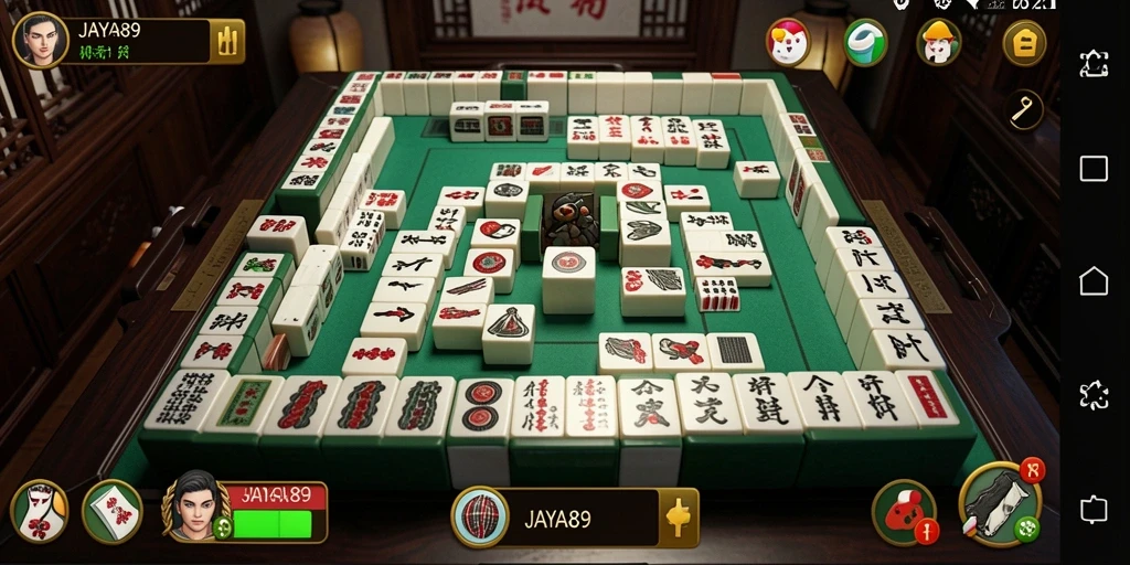 Tampilan gameplay JAYA89 yang menampilkan ubin Mahjong berwarna-warni.