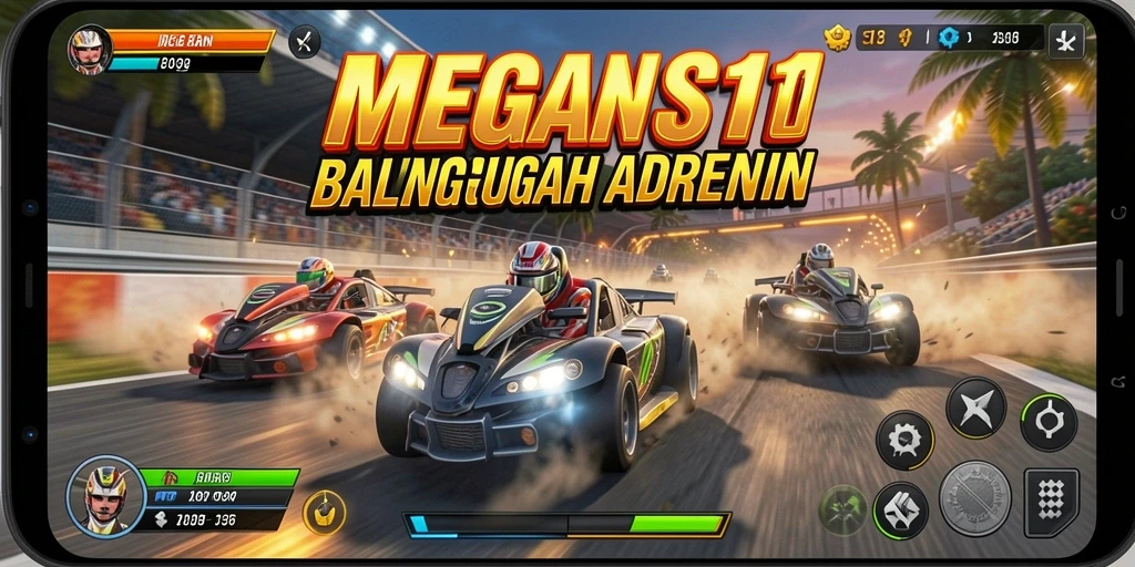 Screenshot utama MEGA111 menampilkan momen balapan mendebarkan di trek yang menantang.