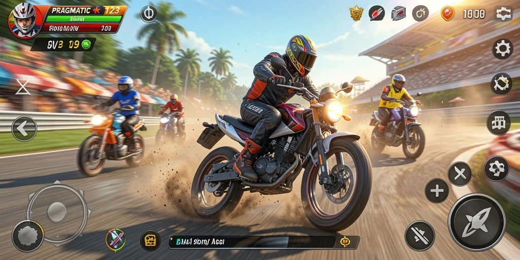 Tangkapan layar PRAGMATIC123 menampilkan aksi balapan motor yang mendebarkan.