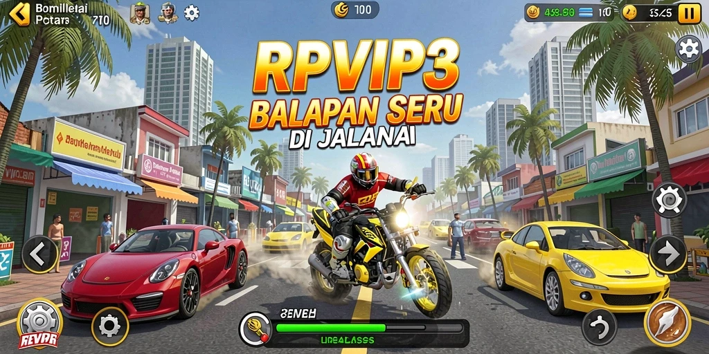 Screenshot gameplay RPVIP3 menampilkan aksi balap yang mendebarkan.