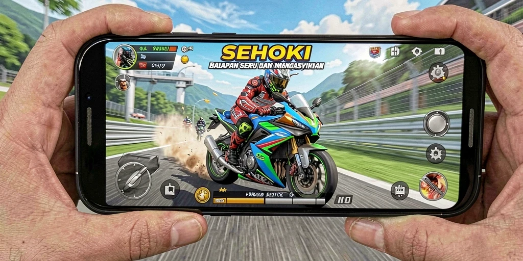 Screenshot gameplay SEHOKI dengan balapan motor yang mendebarkan.