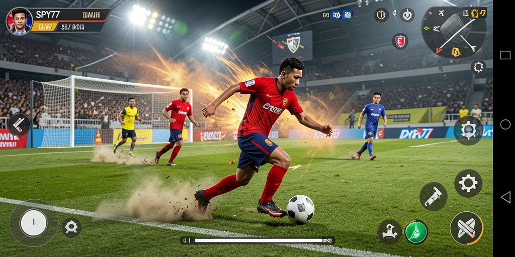 Tampilan gameplay menarik dari SPY77 di lapangan sepak bola.