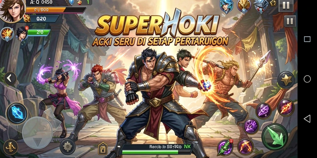 Tangkapan layar gameplay <strong>SUPERHOKI</strong> menunjukkan aksi pertarungan yang intens dan grafis yang luar biasa.