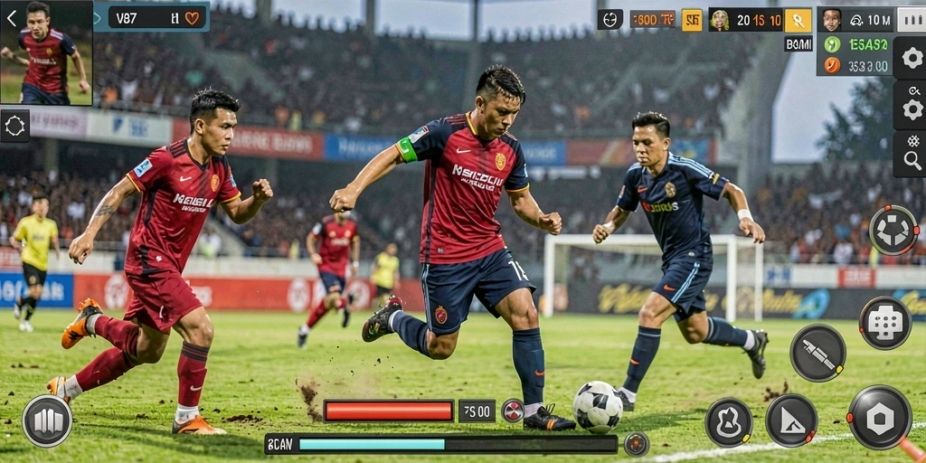 Screenshot V87 menunjukkan aksi sepak bola yang mendebarkan.