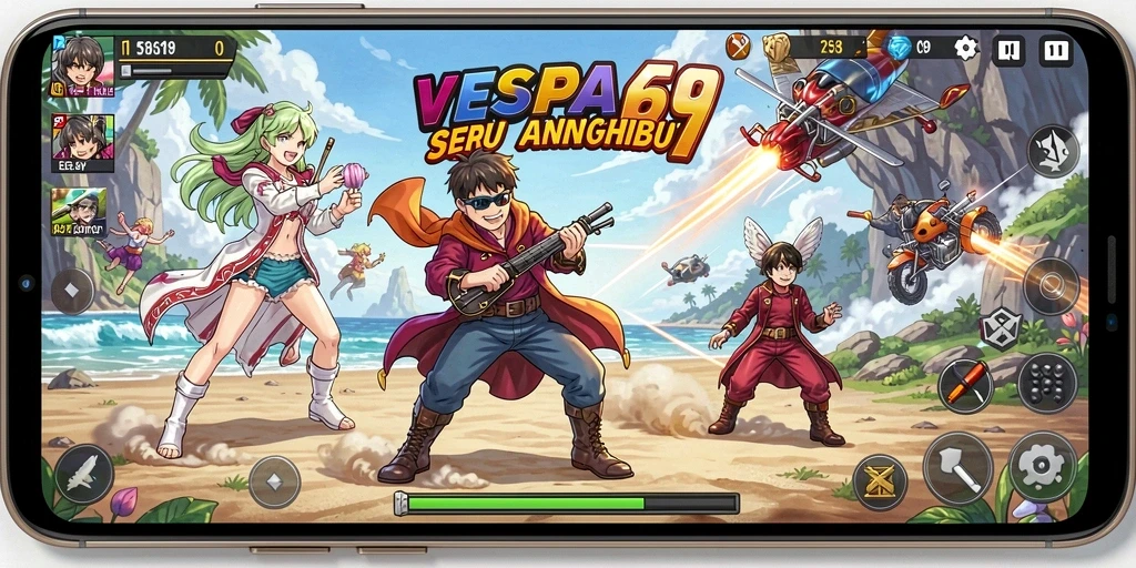 Tampilan gameplay penuh aksi di VESPA69 dengan karakter anime.