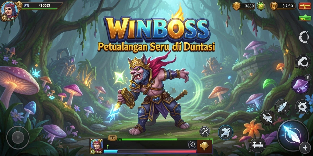 Tangkapan layar gameplay WINBOSS dengan pertarungan seru di dunia petualangan.